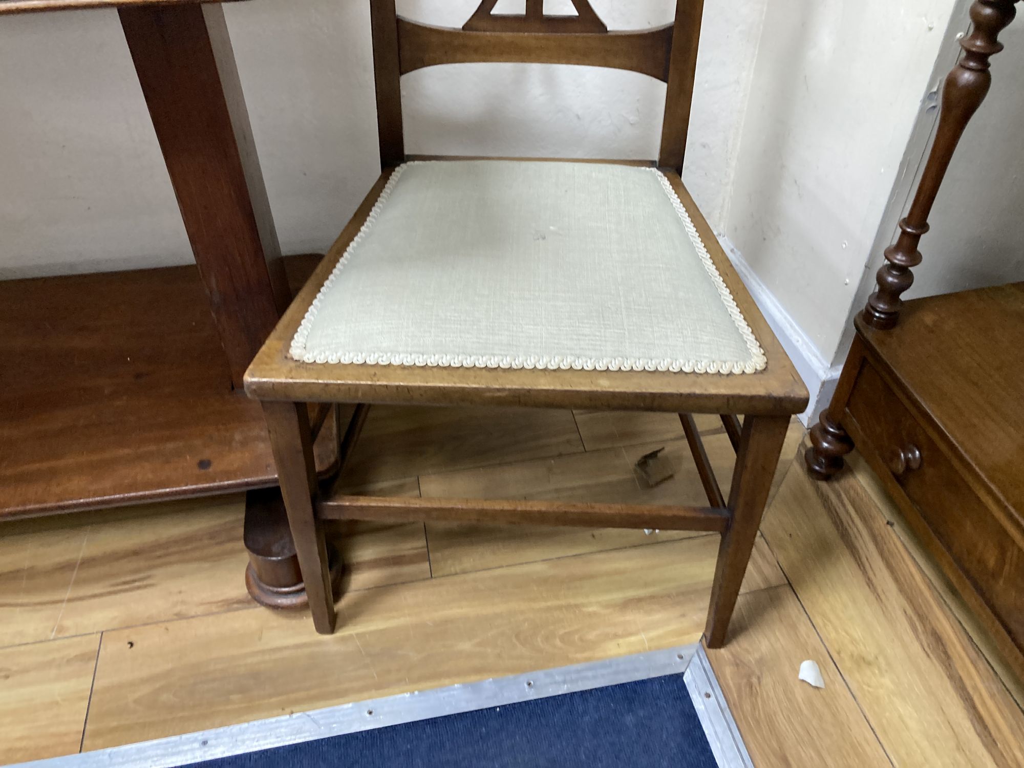 A Victorian adjustable mahogany dumb waiter, width 102cm, depth 48cm, together with an Art Nouveau inlaid mahogany side chair